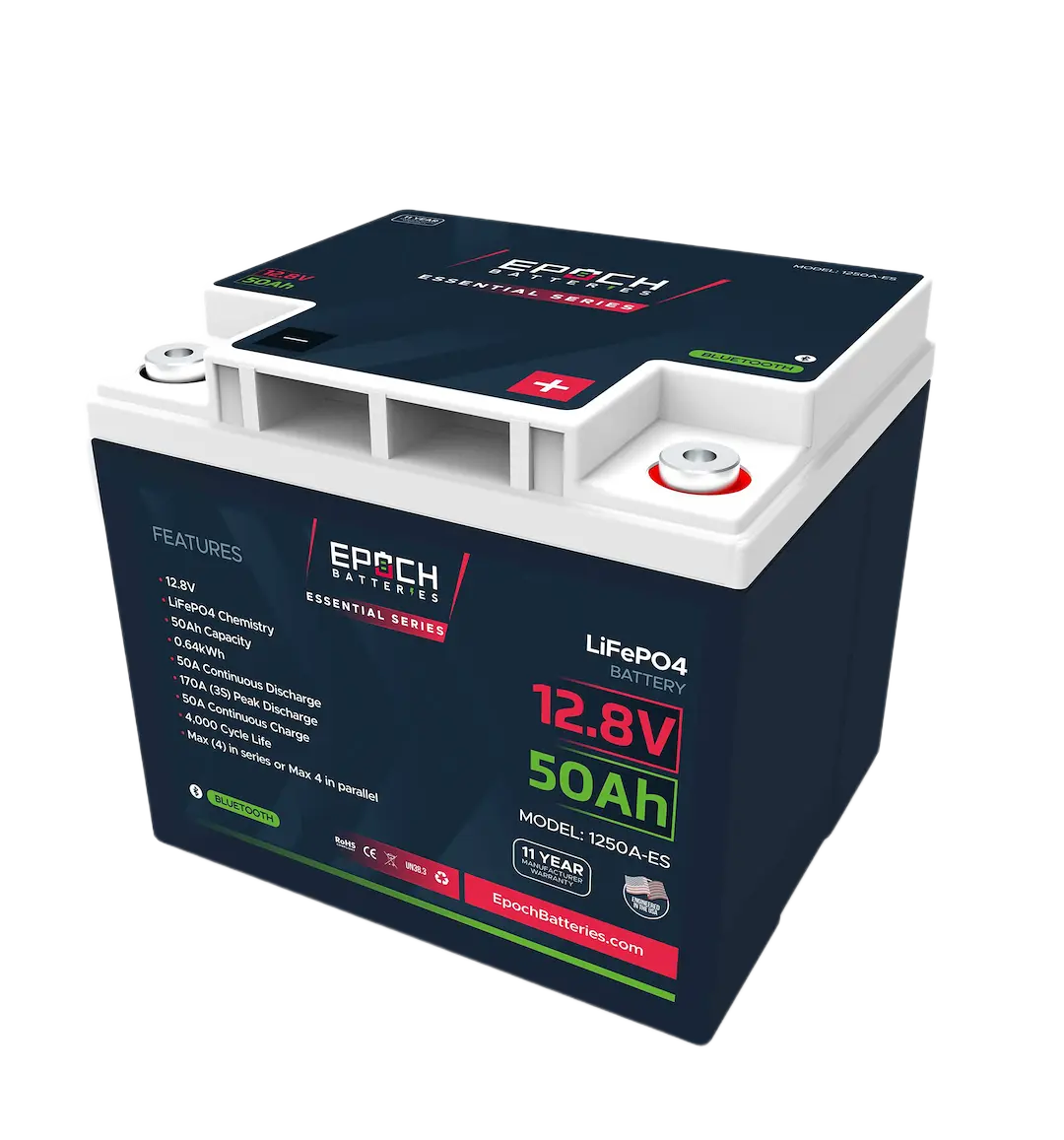 EPOCH BATTER 12V 50Ah Lithium Iron Phosphate Battery with Bluetooth - Model 1250AES