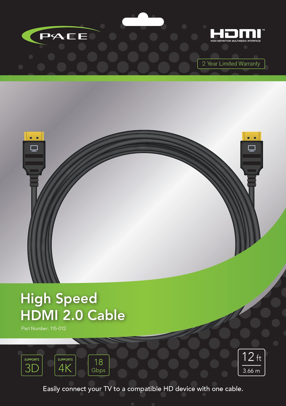 PACE International 12ft HDMI Cable (Part No. 115012) – High-Performance Audio and Video Connection