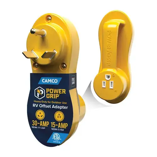 Camco PowerGrip Offset Adapter 30 Amp/15 Amp - Reliable RV Power Connection by CAMCO
