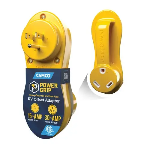 Camco PowerGrip Offset Adapter 15A to 30A – Reliable RV Power Connection by CAMCO