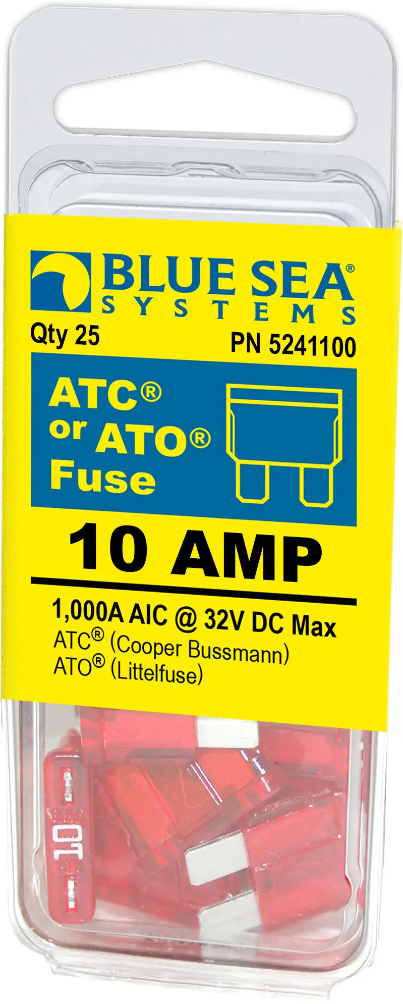 Blue Sea Systems 5241100BSS ATO/ATC 10A Fuse Pack (25 Pieces)
