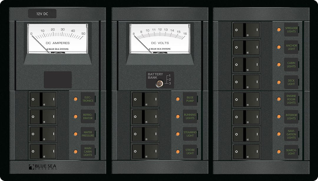 Blue Sea 1201BSS Panel 360 12V DC 16-Position Voltmeter/Ammeter Panel