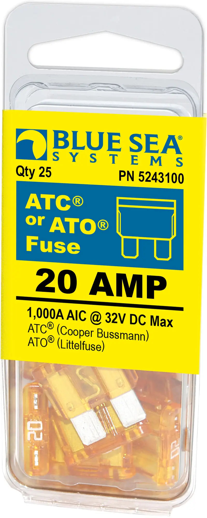 Blue Sea Systems ATO/ATC 20A Fuse Pack (25 Pieces) - Part Number 5243100BSS
