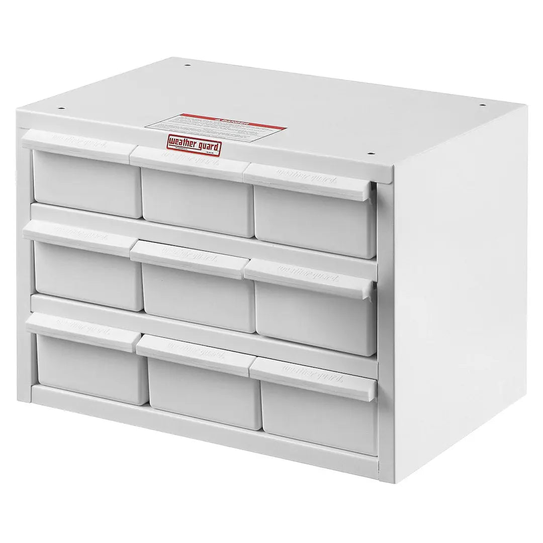 WeatherGuard Parts Cabinet with 9 Bins, 16x12x12 Inches - Durable Storage Solution