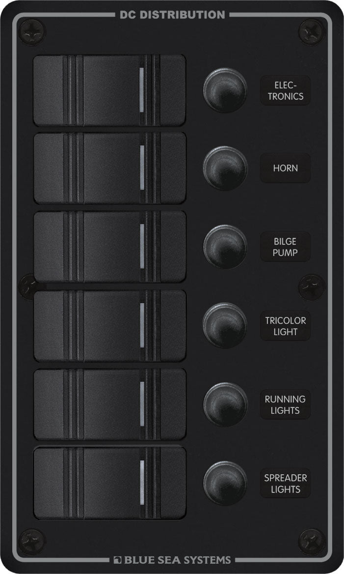 Blue Sea Systems Panel H2O 12VDC CLB 6-Position Black Voltage Panel (Part #8373BSS)