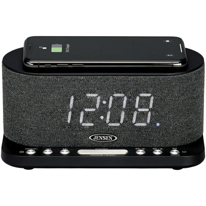 JENSEN QICR-50 Qi Wireless Charging Alarm Clock FM Radio with USB Charging