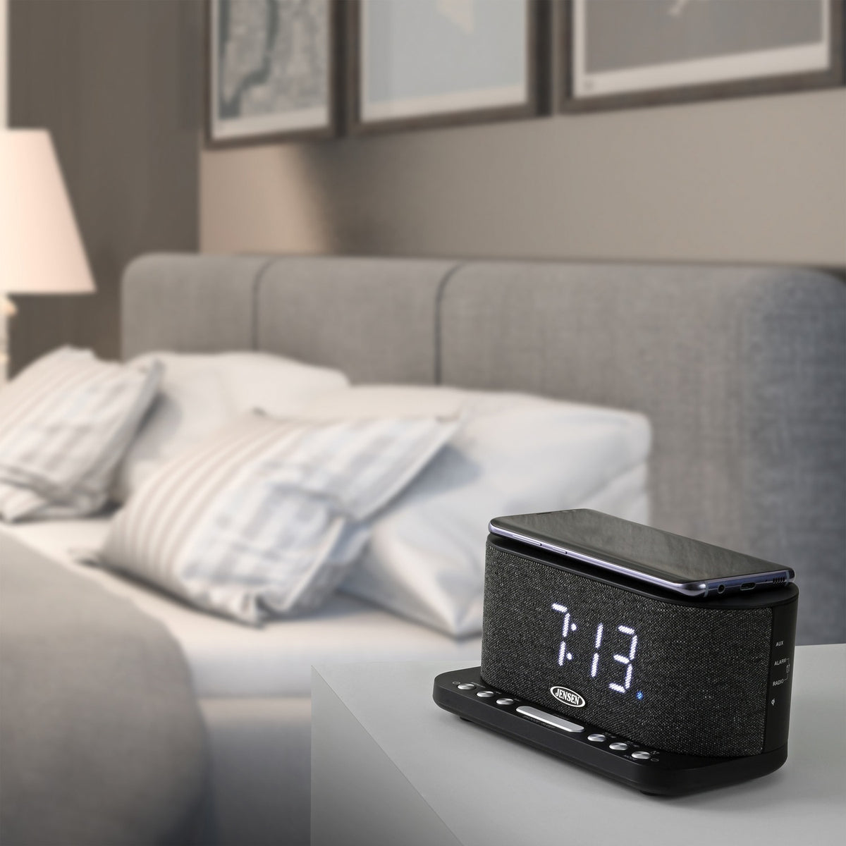 JENSEN QICR-50 Qi Wireless Charging Alarm Clock FM Radio with USB Charging