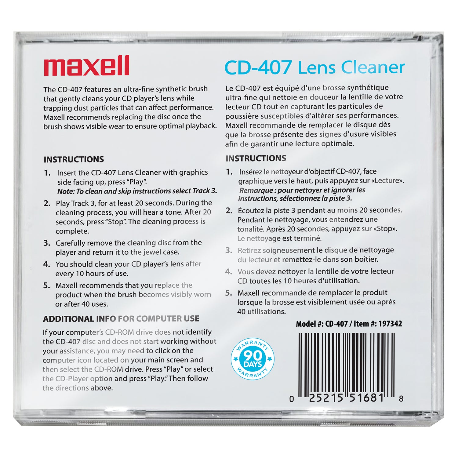 MAXELL CD-407 CD Lens Cleaner - Safe and Effective Cleaning for CD Players and Gaming Stations
