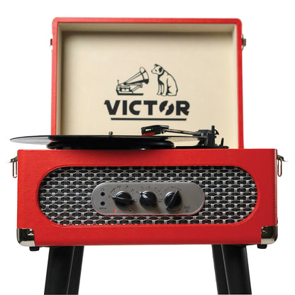 Victor VWRP-3200-RD 5-in-1 Bluetooth Record Player with FM Radio, USB Recording and Red Cabinet