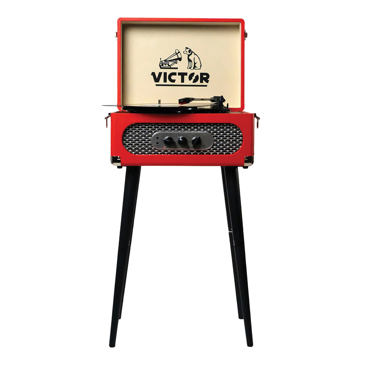 Victor VWRP-3200-RD 5-in-1 Bluetooth Record Player with FM Radio, USB Recording and Red Cabinet