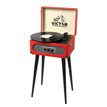Victor VWRP-3200-RD 5-in-1 Bluetooth Record Player with FM Radio, USB Recording and Red Cabinet