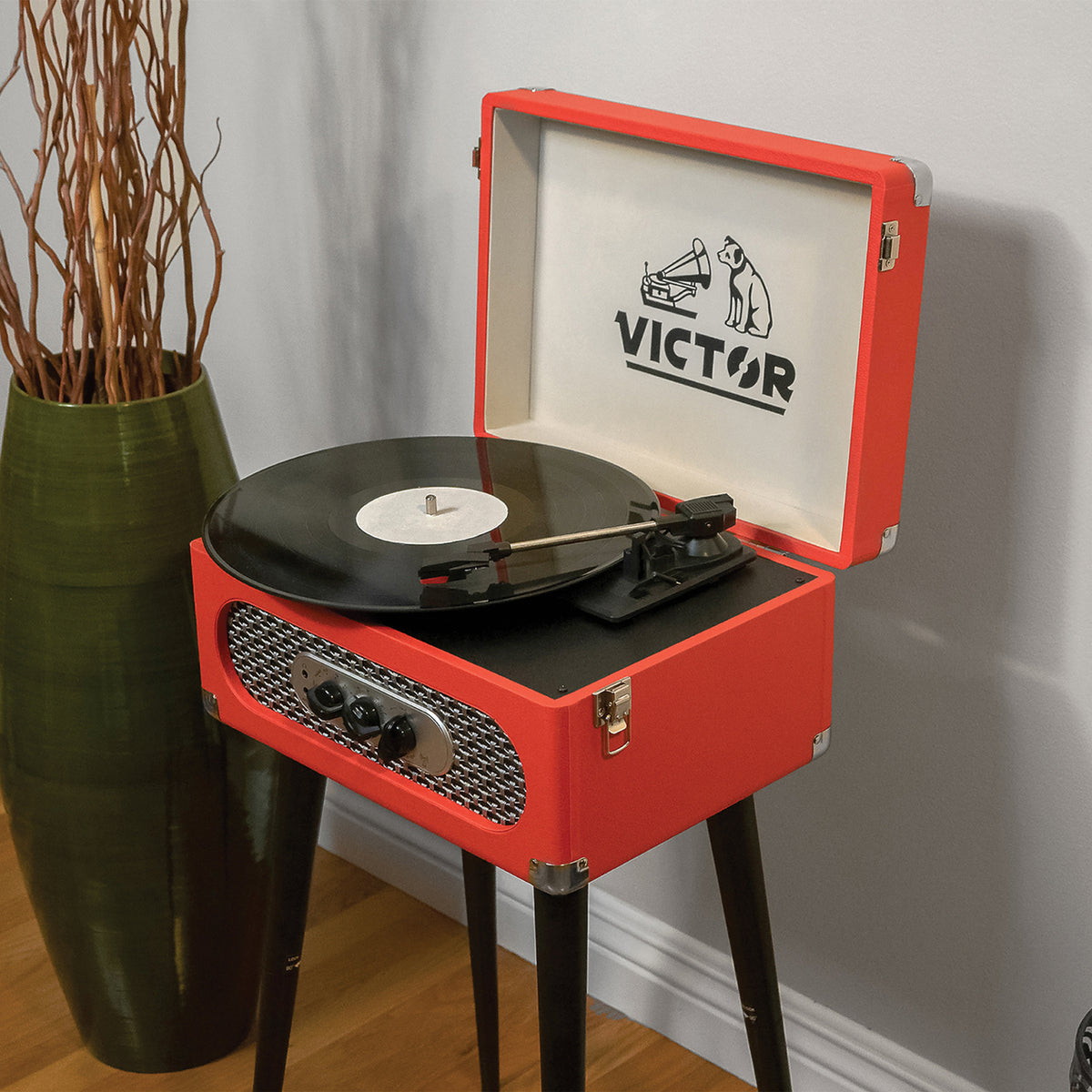 Victor VWRP-3200-RD 5-in-1 Bluetooth Record Player with FM Radio, USB Recording and Red Cabinet