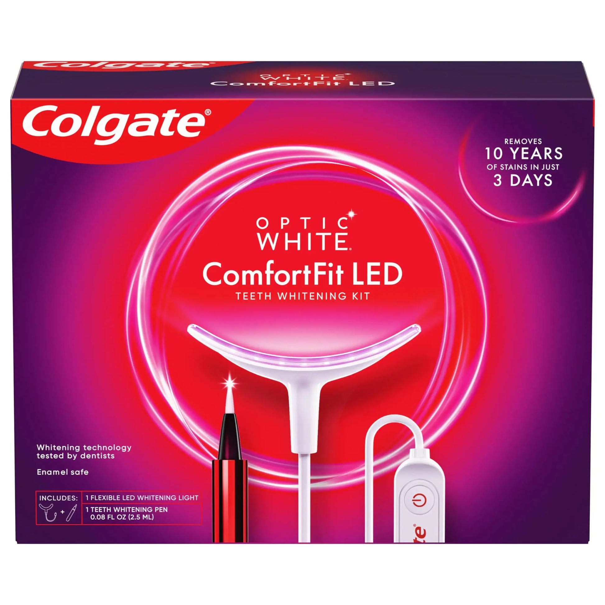 Colgate Optic White ComfortFit Teeth Whitening Kit with LED Light and Whitening Pen LED Teeth Whitening Kit Enamel Safe Works with iPhone and Android Atticus Goods
