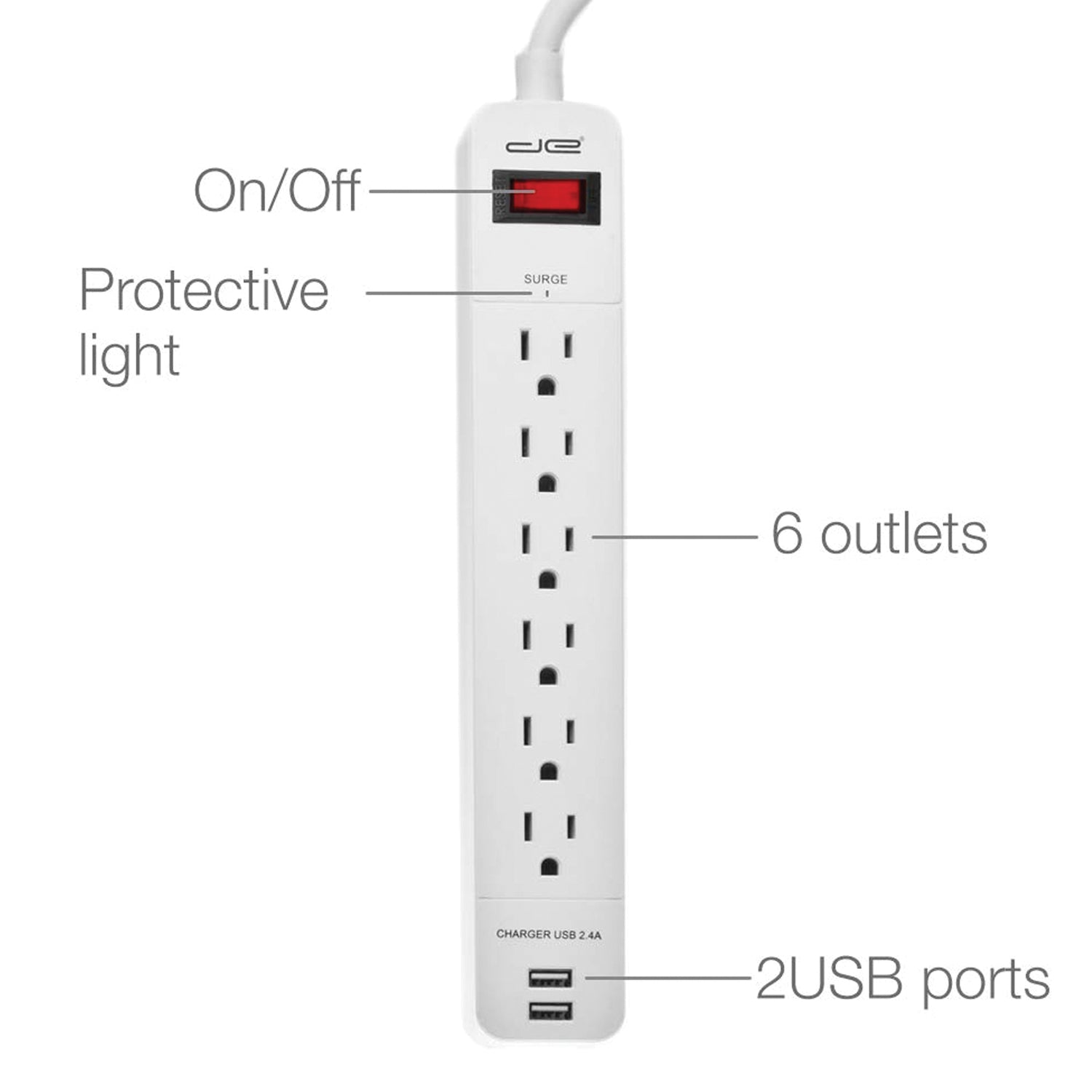 DIGITAL ENERGY 15FT Surge Protector Power Strip with 2 USB Ports and Lighted Switch
