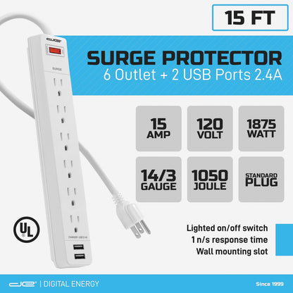 DIGITAL ENERGY 15FT Surge Protector Power Strip with 2 USB Ports and Lighted Switch