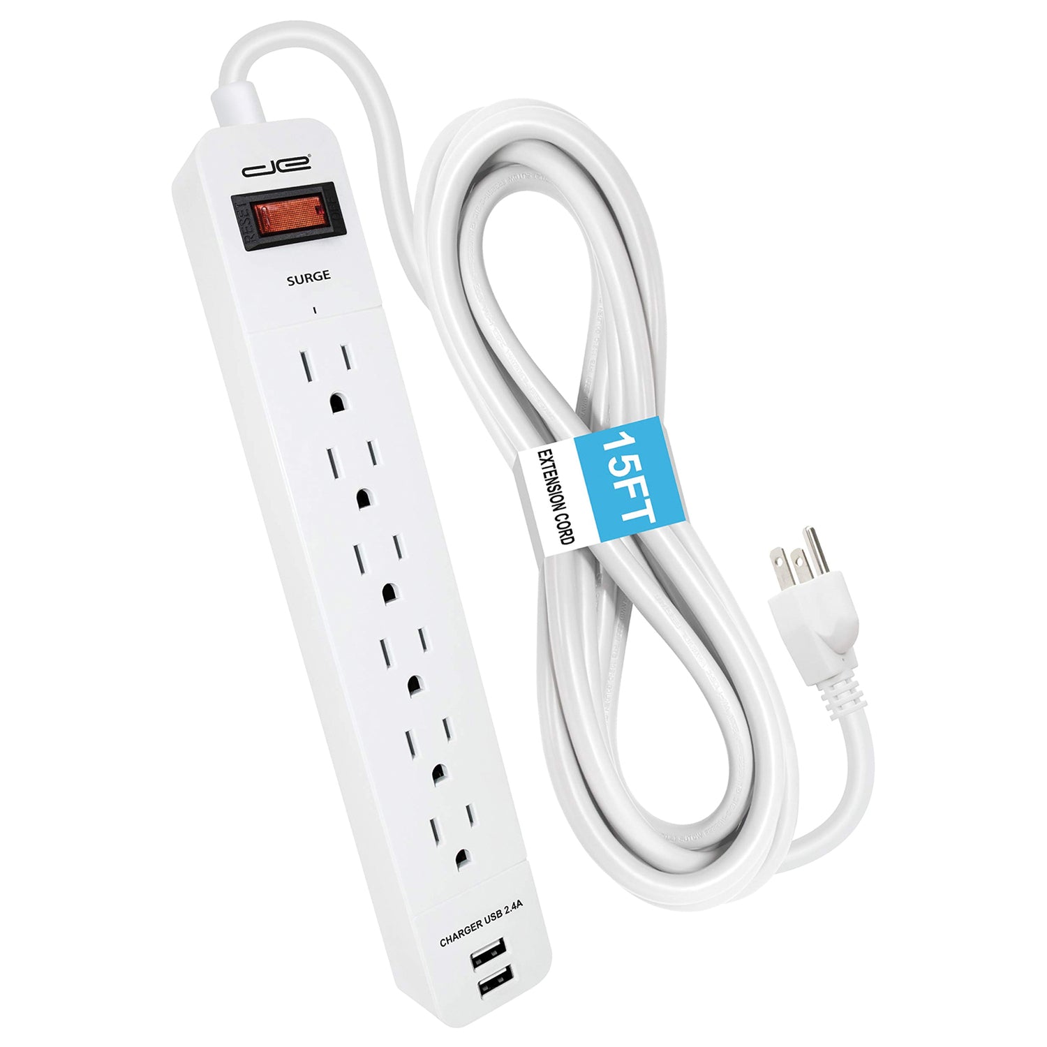 DIGITAL ENERGY 15FT Surge Protector Power Strip with 2 USB Ports and Lighted Switch