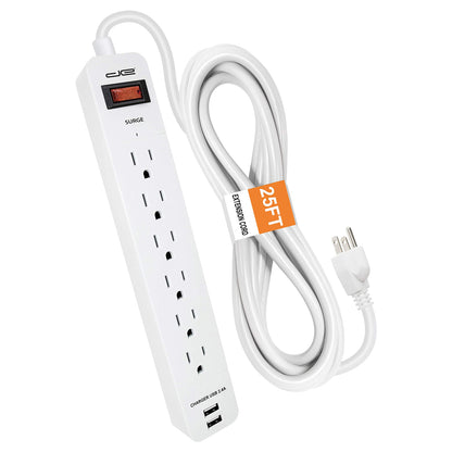 DIGITAL ENERGY ENR1-1006 25 ft Surge Protector Power Strip with 2 USB Ports and Lighted On/Off Switch