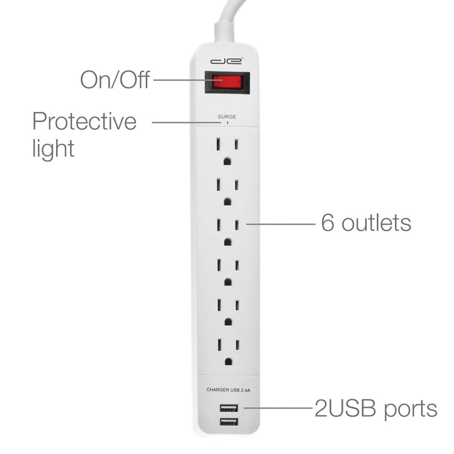 DIGITAL ENERGY ENR1-1006 25 ft Surge Protector Power Strip with 2 USB Ports and Lighted On/Off Switch