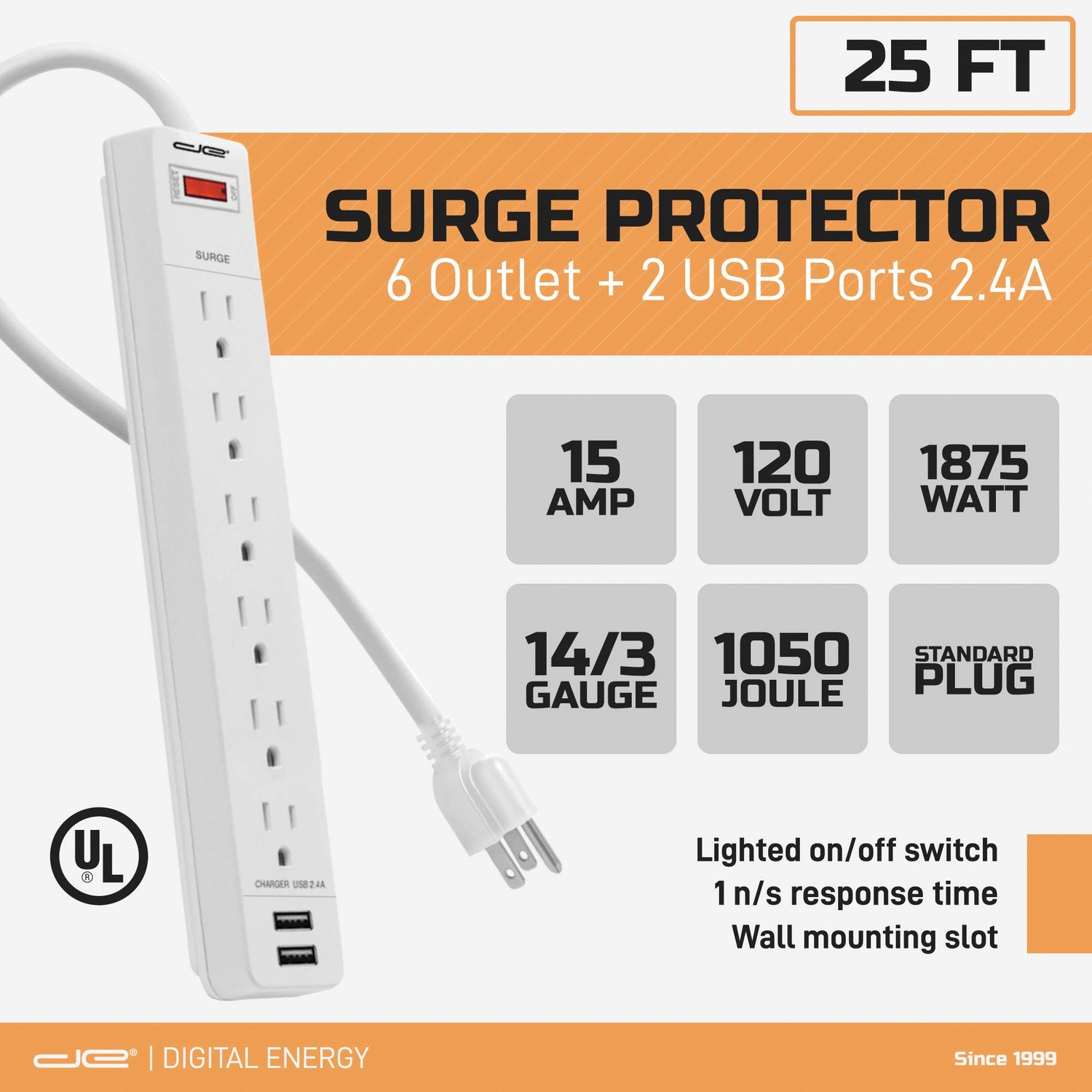 DIGITAL ENERGY ENR1-1006 25 ft Surge Protector Power Strip with 2 USB Ports and Lighted On/Off Switch