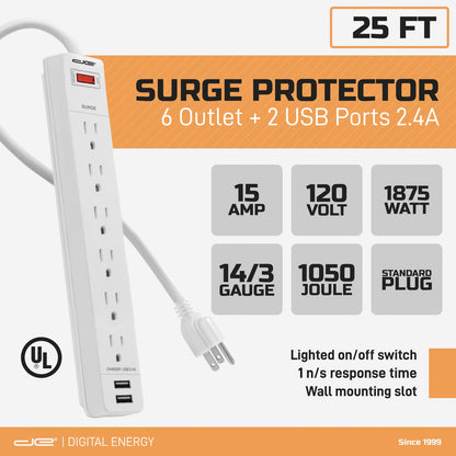 DIGITAL ENERGY ENR1-1006 25 ft Surge Protector Power Strip with 2 USB Ports and Lighted On/Off Switch