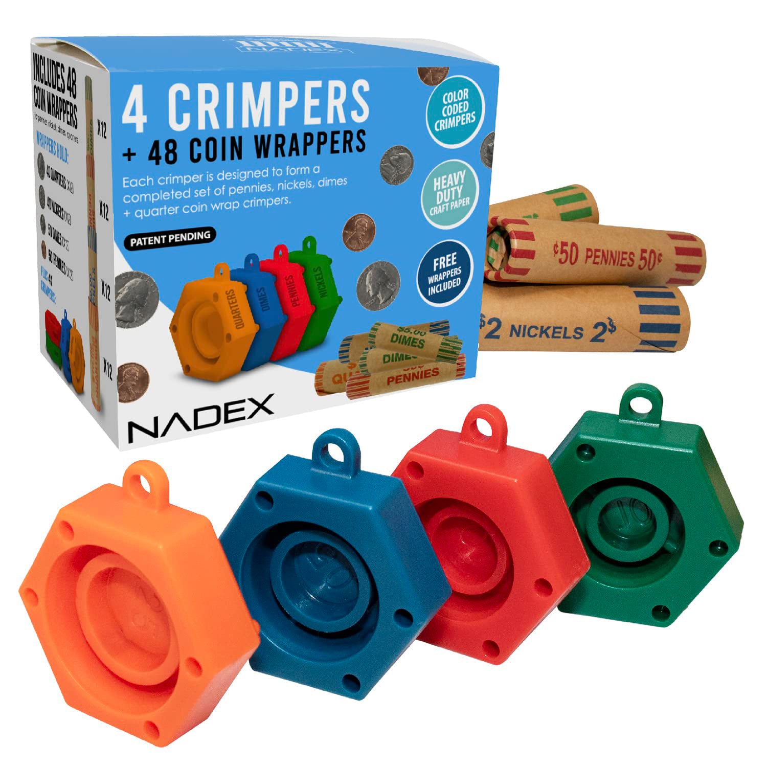 NADEX(TM) Coins 48 Coin Roll Wrappers with Crimping Tool - Durable Preformed Kraft Paper for US Coins