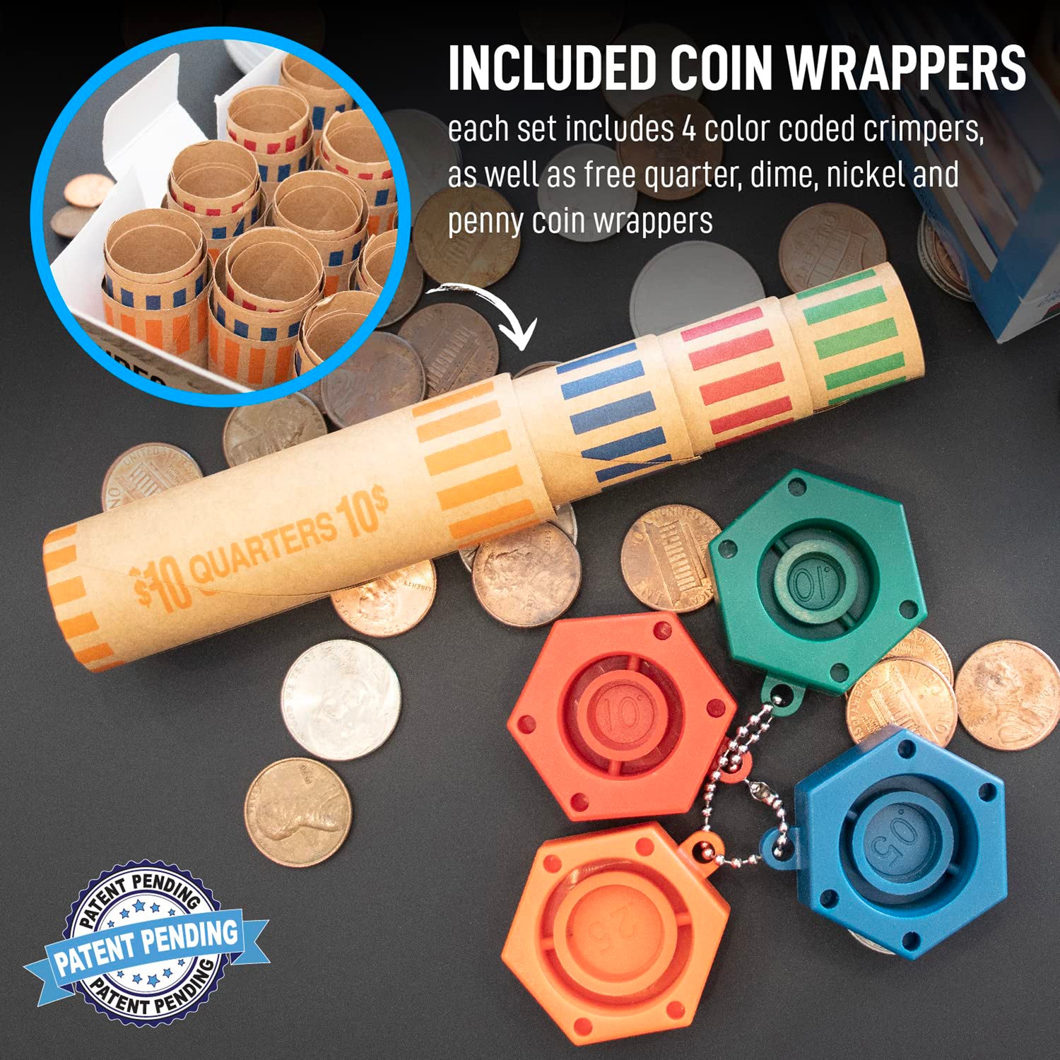 NADEX(TM) Coins 48 Coin Roll Wrappers with Crimping Tool - Durable Preformed Kraft Paper for US Coins