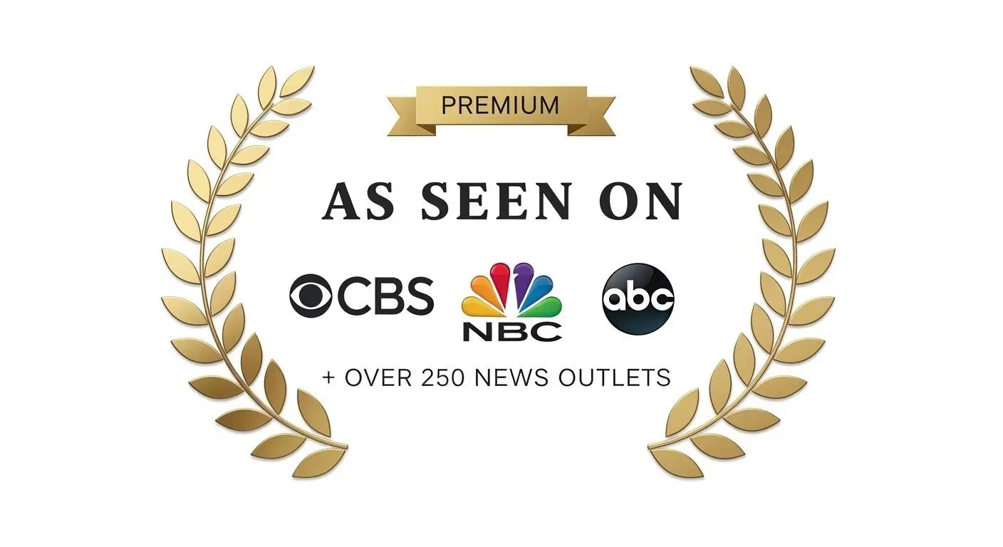 Logo indicating 'As Seen On' with CBS, NBC, and ABC logos on a white background.