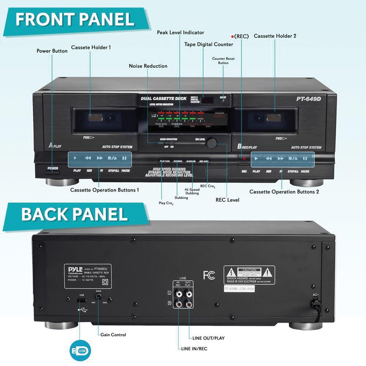 PYLE(R) PT649D Dual Cassette Deck with High-Speed Dubbing and Noise Reduction
