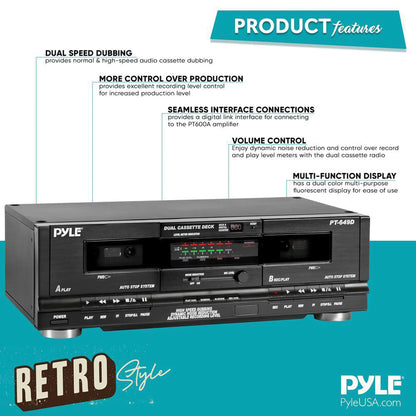 PYLE(R) PT649D Dual Cassette Deck with High-Speed Dubbing and Noise Reduction