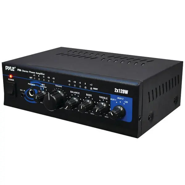 PYLE(R) 120W x 2 Mini Stereo Amplifier PTA4 – Compact 2-Channel Receiver with Microphone and RCA Inputs