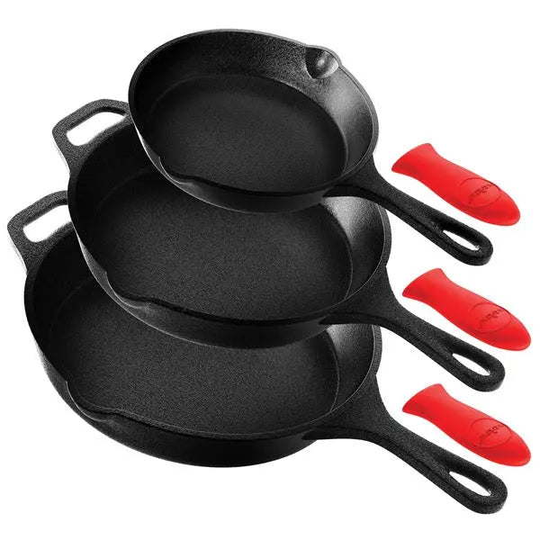 NutriChef 3-Piece Pre-Seasoned Cast Iron Skillet Set - Model NCCIPS3P49