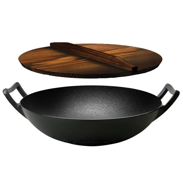 NutriChef NCCIWOK60 Cast Iron Wok with Wooden Lid and Silicone Oven Mitt, 5.8 Quart Capacity