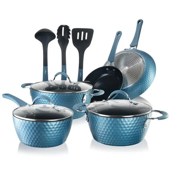 NutriChef 11-Piece Non-Stick Kitchen Cookware Set with See-Through Lids and Silicone Handles, Model NCCW11BD