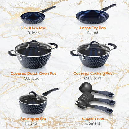 NutriChef 11-Piece Non-Stick Cookware Set - Dark Blue, Model NCCW11DS