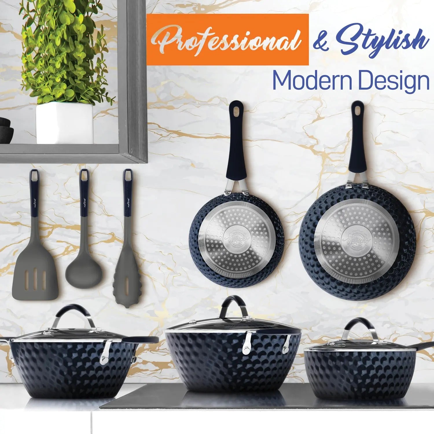 NutriChef 11-Piece Non-Stick Cookware Set - Dark Blue, Model NCCW11DS