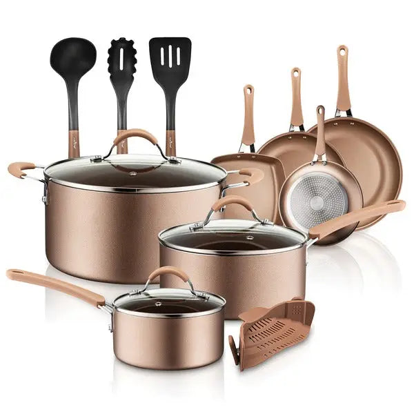 NutriChef 14-Piece Kitchenware Set with Ceramic Coating and Multiple Pots and Pans