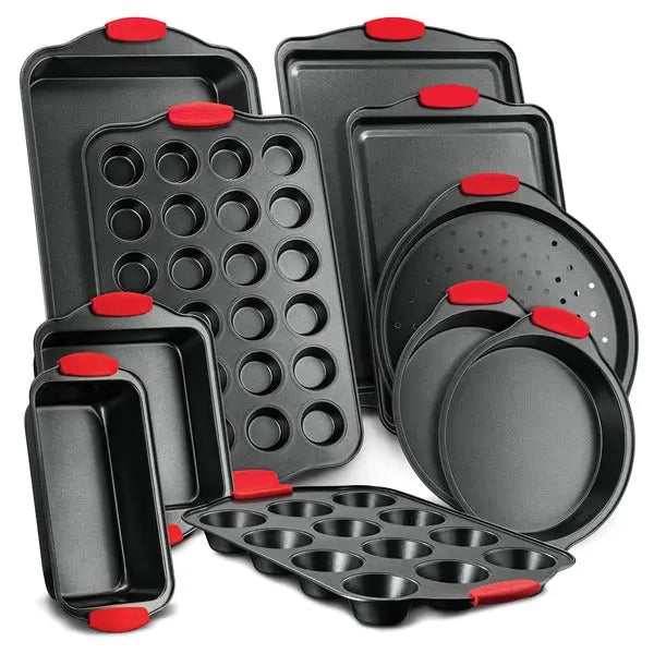 NutriChef 10-Piece Non-Stick Carbon Steel Bakeware Set with Red Silicone Handles (Part NCSBS10S)