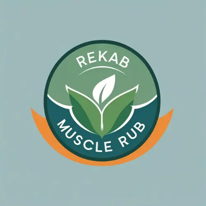REKAB Muscle Rub logo with green leaves on a light blue background