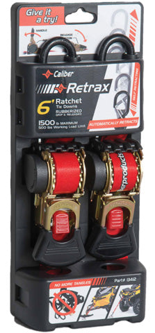 Caliber Retrax 6 ft Self-Rewind Tiedown Strap Kit (2-Piece) for Secure Cargo Transport
