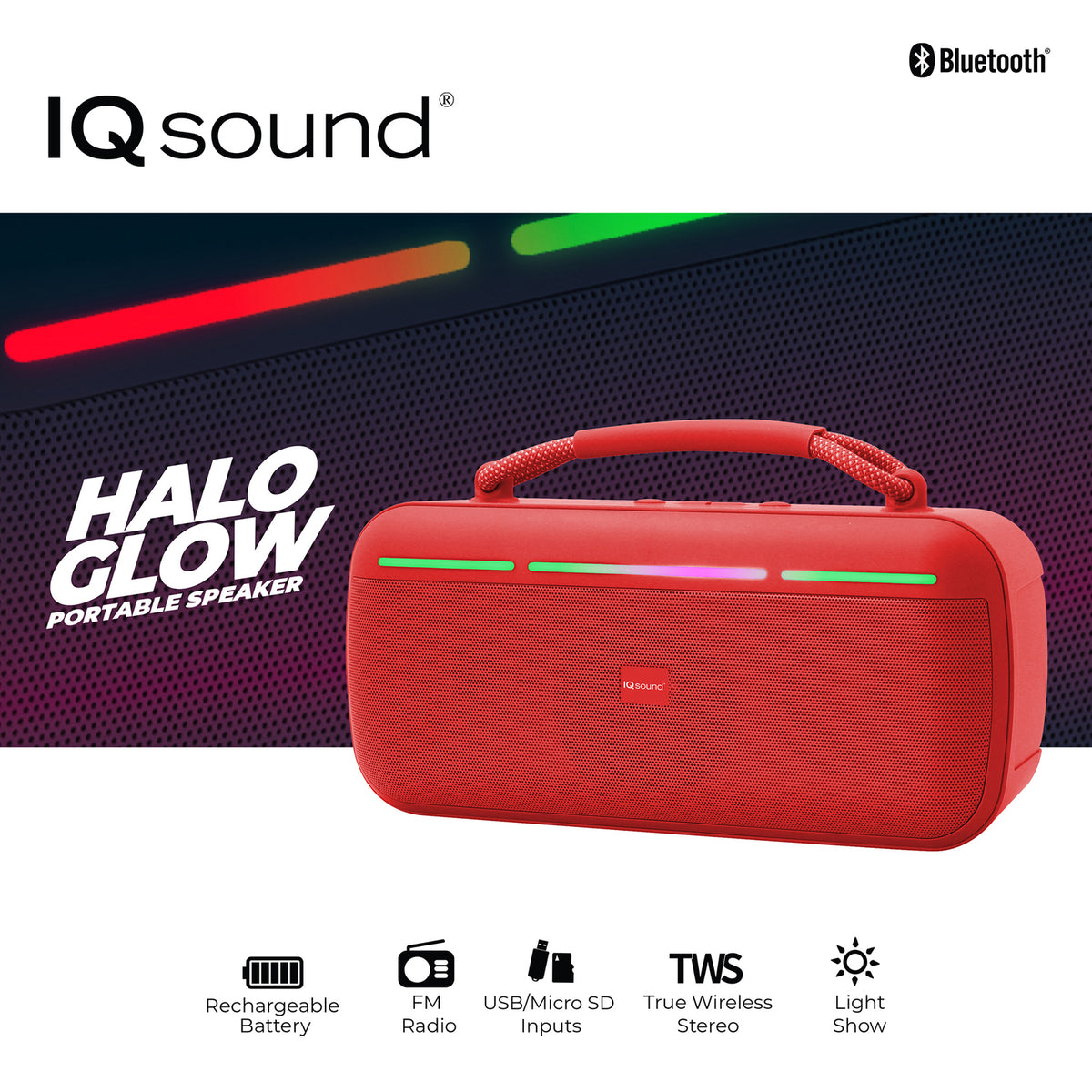 IQ Sound IQ-3521RGB RED Halo Glow Portable Bluetooth Speaker with RGB Lighting