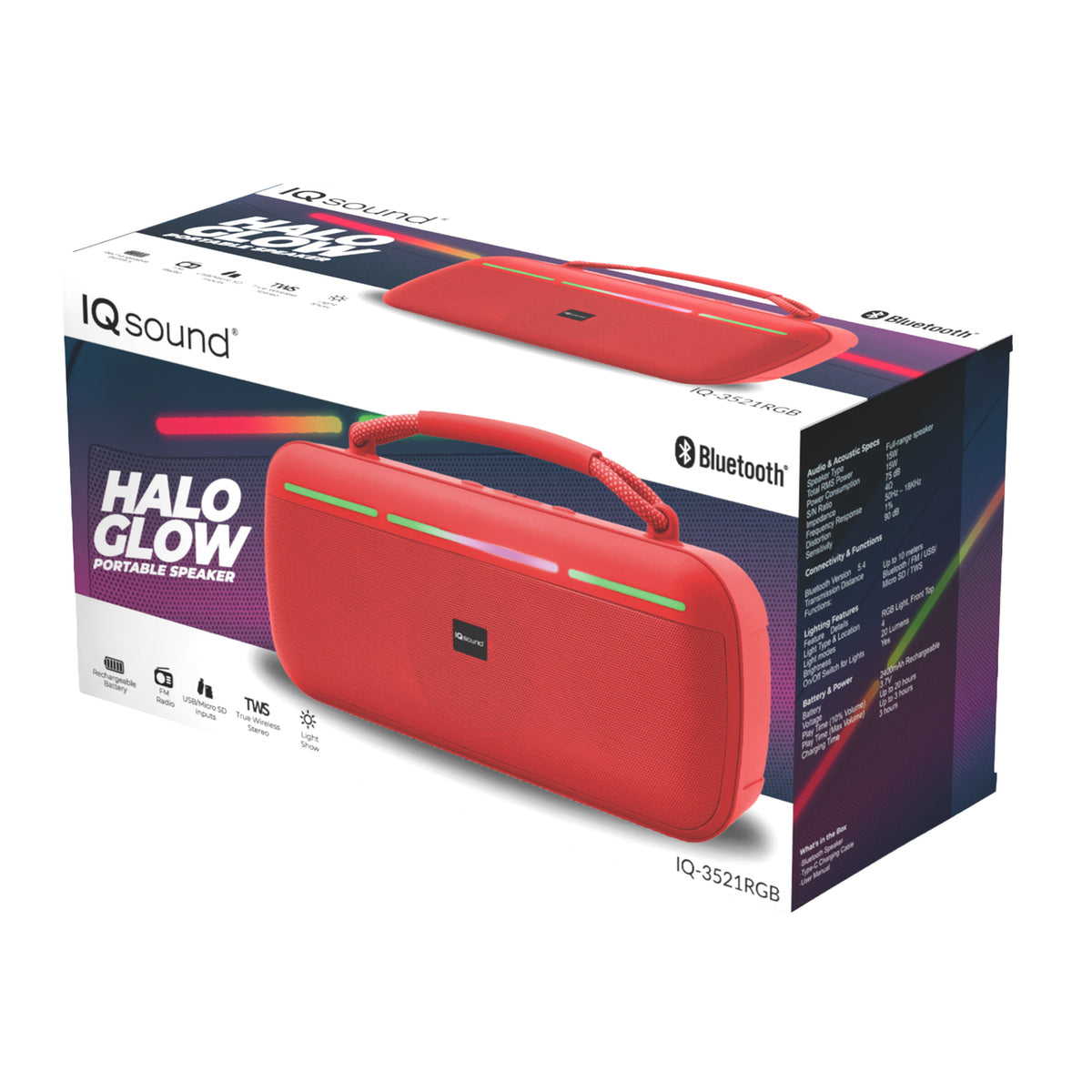IQ Sound IQ-3521RGB RED Halo Glow Portable Bluetooth Speaker with RGB Lighting