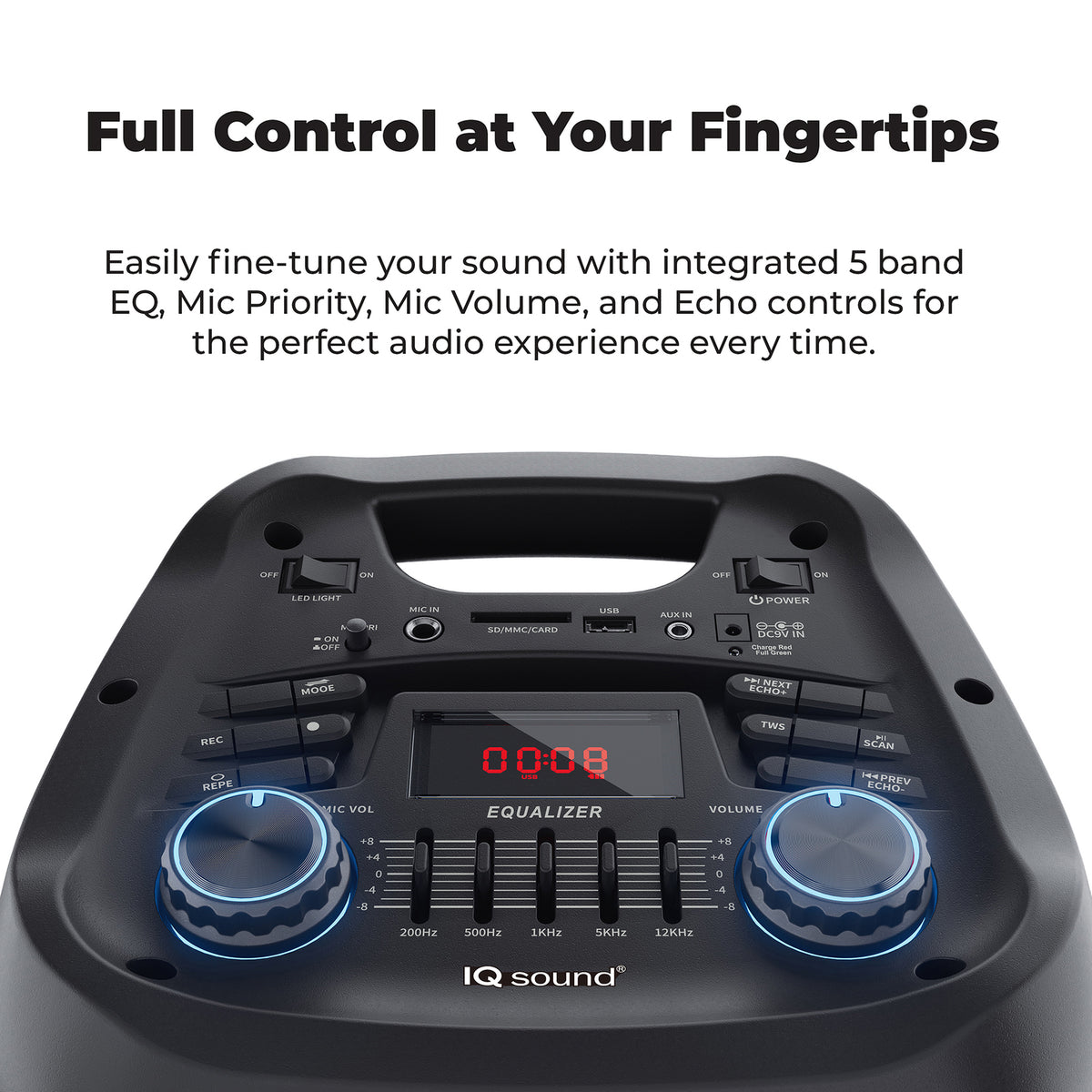 IQ Sound IQ-7288DJBT 2 x 8-Inch Bluetooth Portable Party Speaker with LED Lights