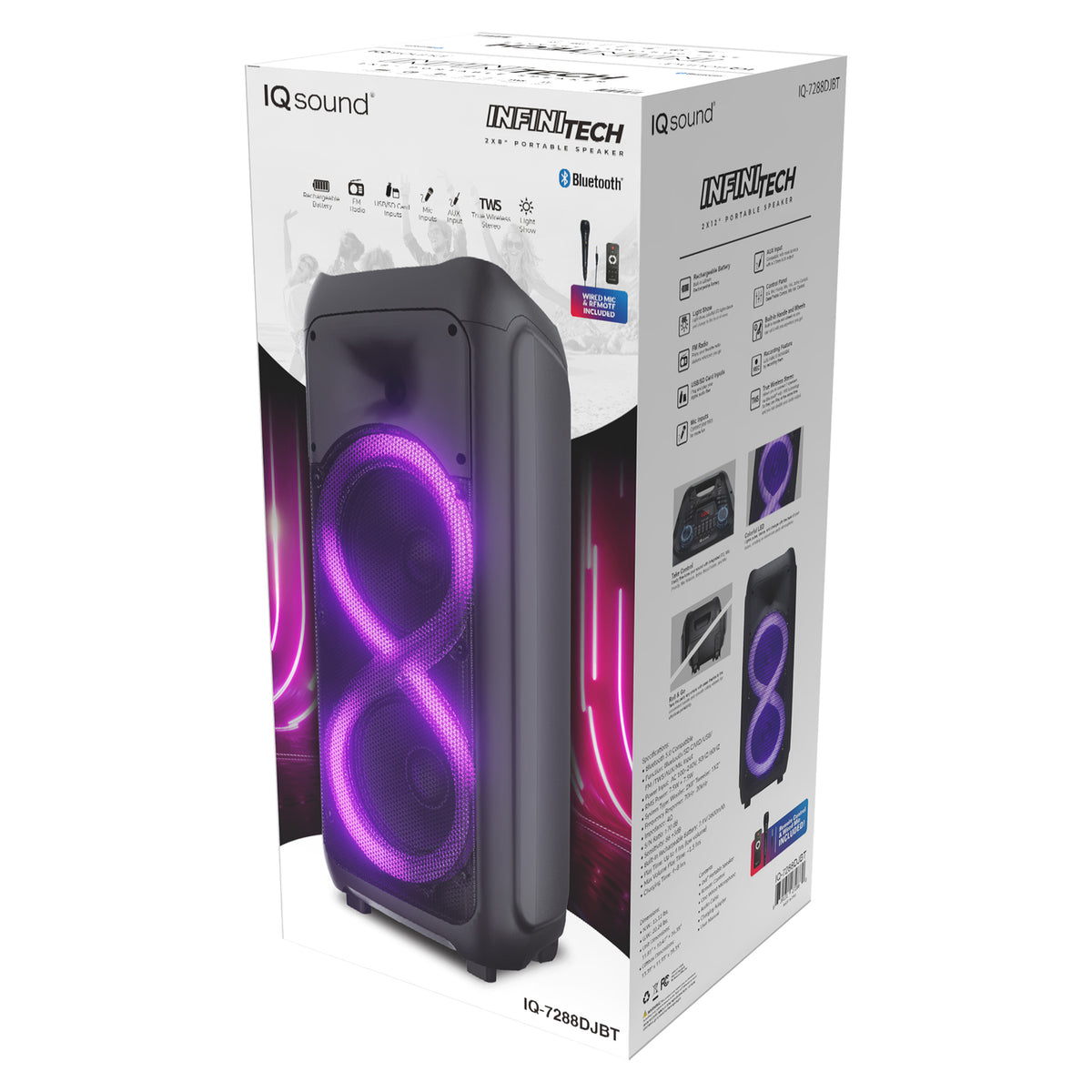 IQ Sound IQ-7288DJBT 2 x 8-Inch Bluetooth Portable Party Speaker with LED Lights