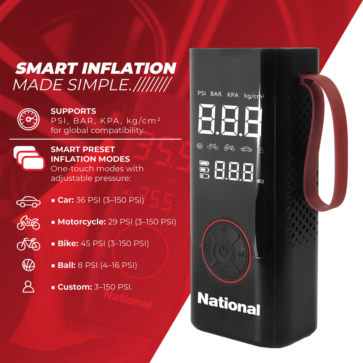 NATIONAL NA-700PAC Portable Air Compressor Inflator with Power Bank