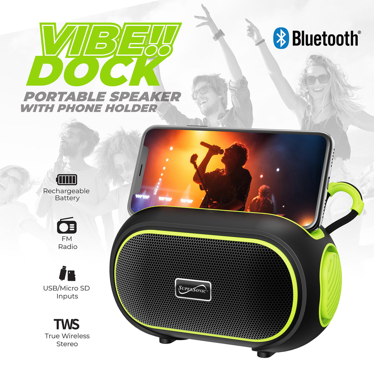 Supersonic SC-2334BT GRN Portable Bluetooth Speaker with FM Radio, USB and microSD Support