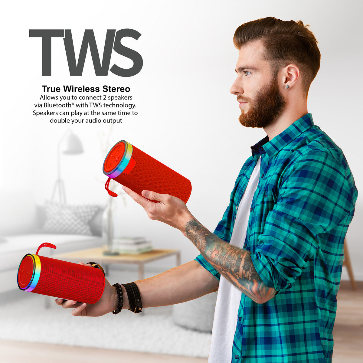 SuperSonic SC-2440BT RED Portable Bluetooth Speaker with LED Lights
