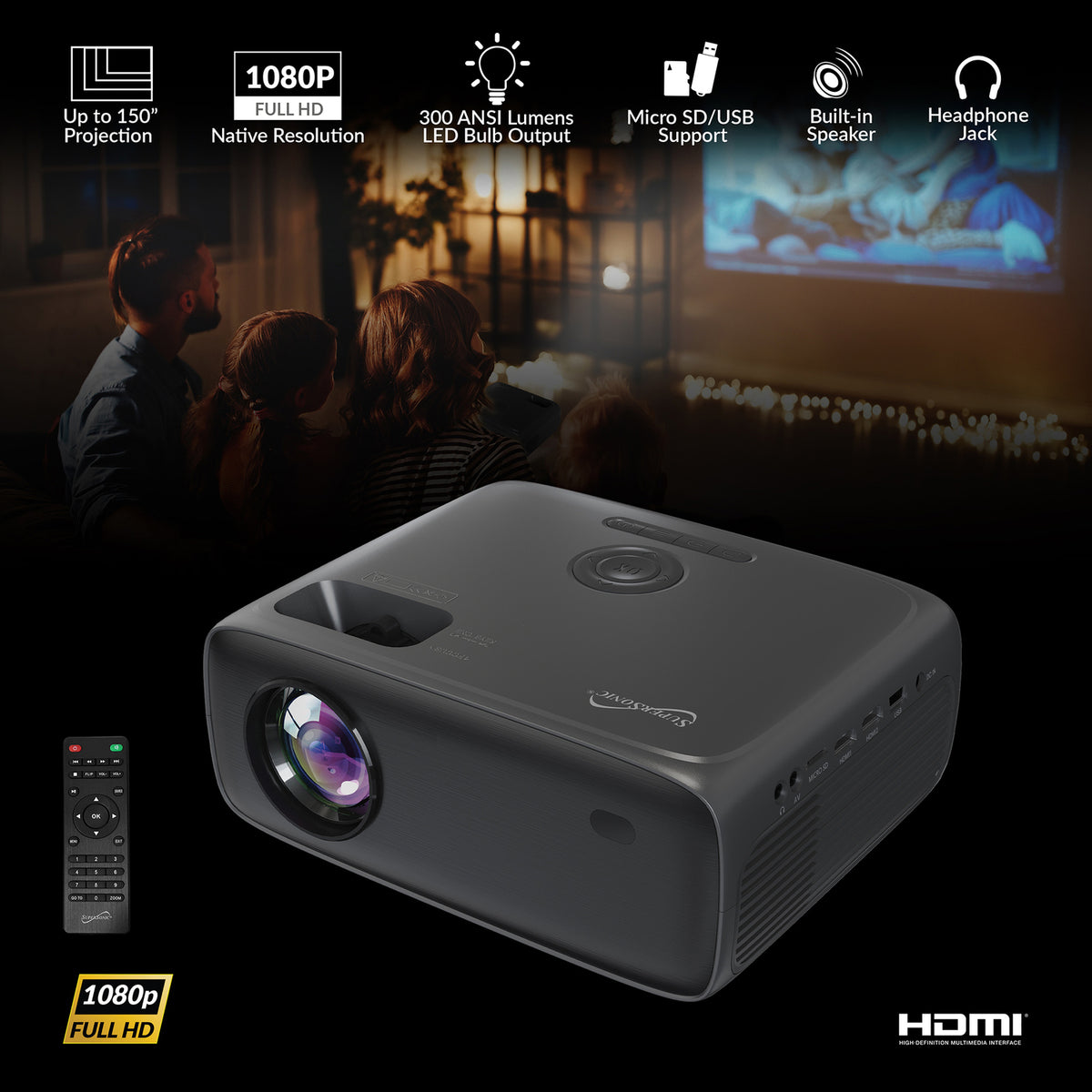 SUPERSONIC SC-282P Compact Bluetooth HD LED Projector with Full HD Support