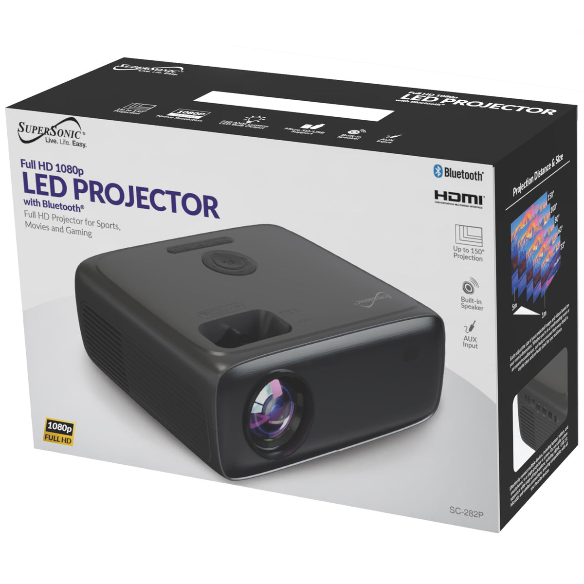SUPERSONIC SC-282P Compact Bluetooth HD LED Projector with Full HD Support