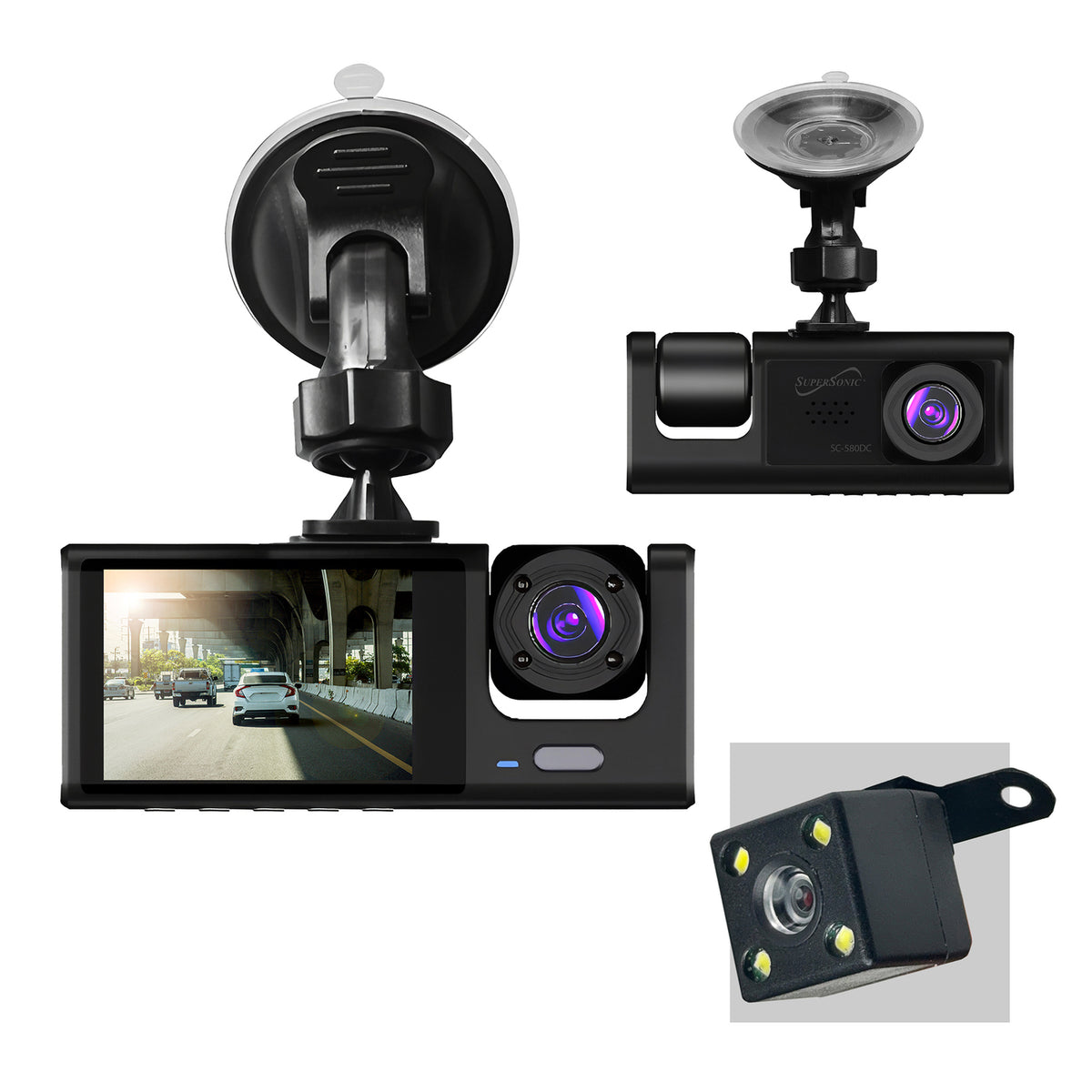 SuperSonic SC-580DC RoadEyePro 1080p 3-Channel Dash Cam with Front, Cabin, and Rear Cameras