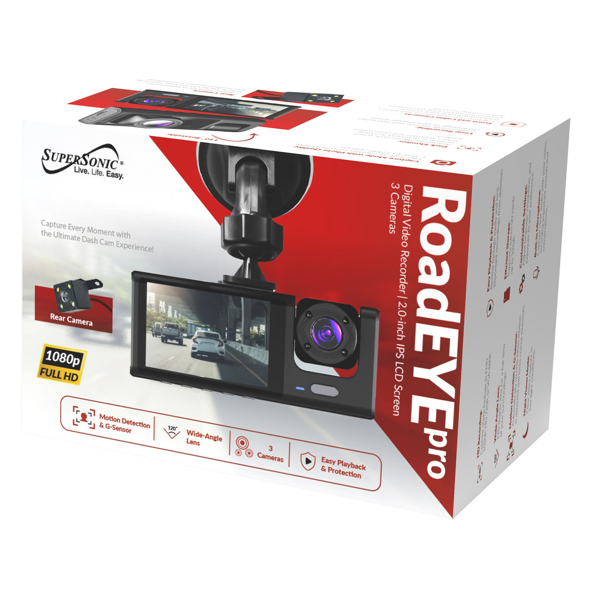 SuperSonic SC-580DC RoadEyePro 1080p 3-Channel Dash Cam with Front, Cabin, and Rear Cameras
